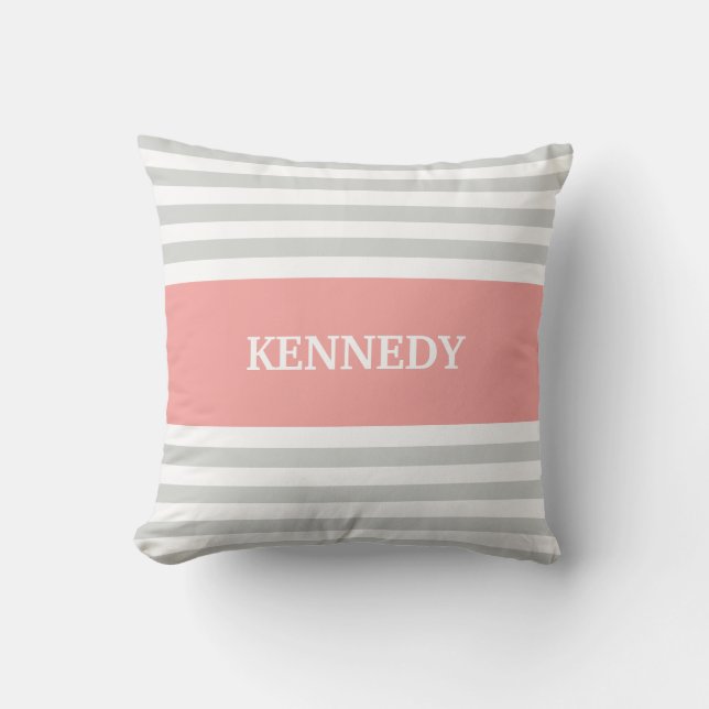 Grey Coral Stripes Monogram Cushion (Front)