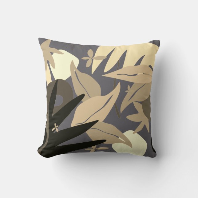 Grey & Cream Artistic Abstract Leaves Throw Pillow (Front)