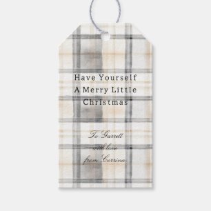 Grey Cream Christmas Plaid Stripes Gift Tags