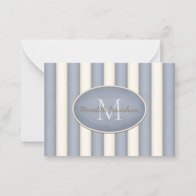 Grey & Cream Stripes Oval Framed Monogram Custom Card (Front)