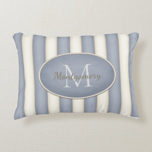Grey & Cream Stripes Oval Framed Monogram Decorative Cushion (Front)