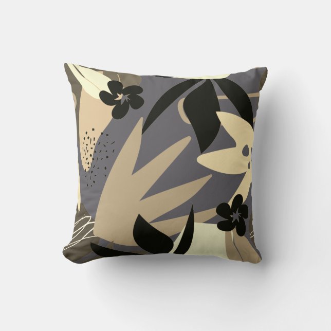 Grey Cream Tan & Black Artistic Abstract Leaves Cushion (Front)