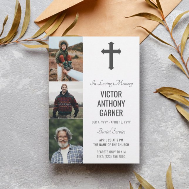 Grey Cross 3 Photos White Burial Service Invitation (Creator Uploaded)