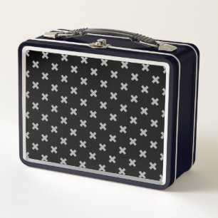 Grey cross stitches on black metal lunch box