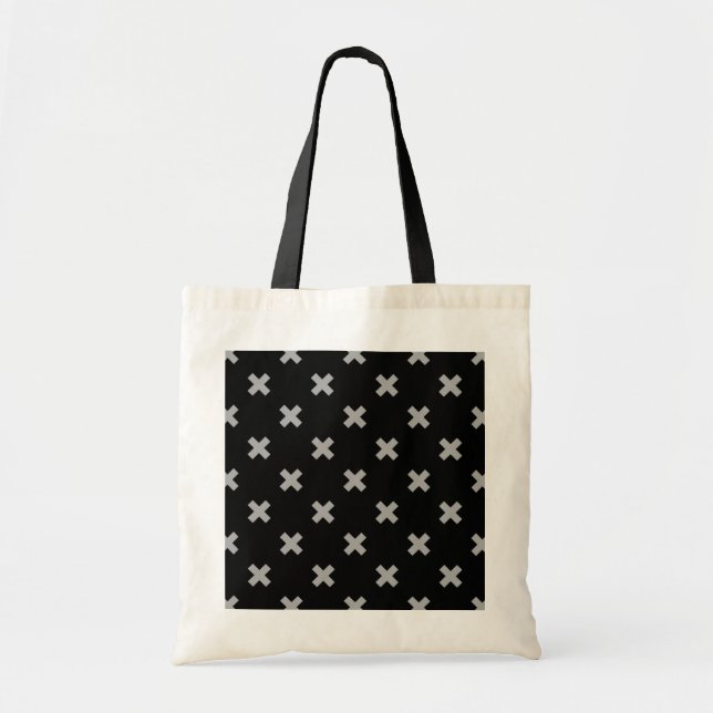 Grey cross stitches on black tote bag (Front)