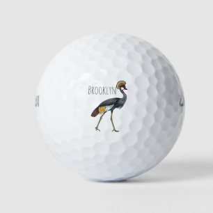 Grey crowned crane bird cartoon illustration golf balls