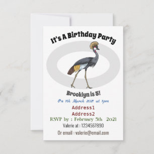Grey crowned crane bird cartoon illustration invitation