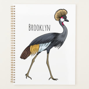 Grey crowned crane bird cartoon illustration planner