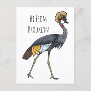 Grey crowned crane bird cartoon illustration postcard