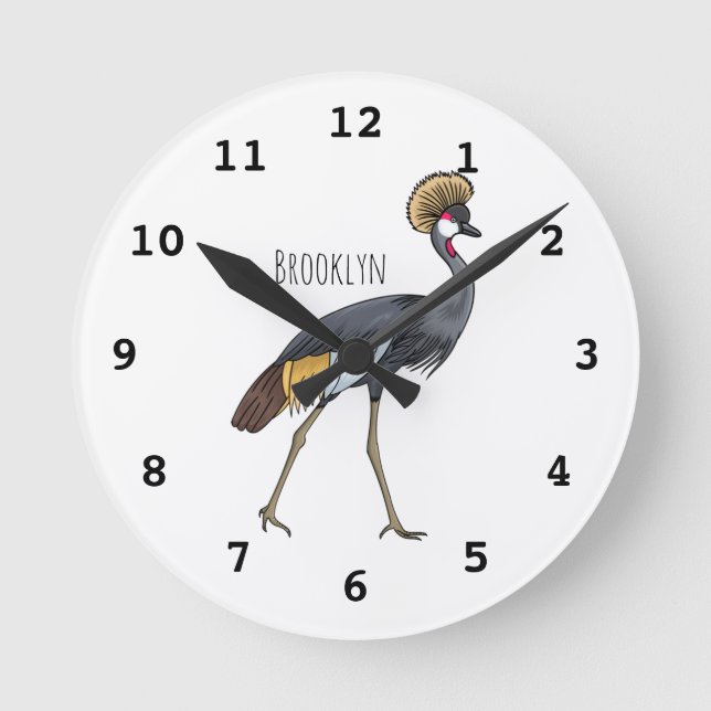 Grey crowned crane bird cartoon illustration  round clock (Front)