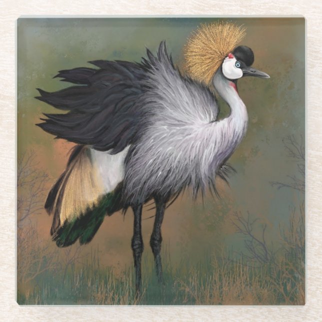 Grey Crowned Crane Glass Coaster (Front)