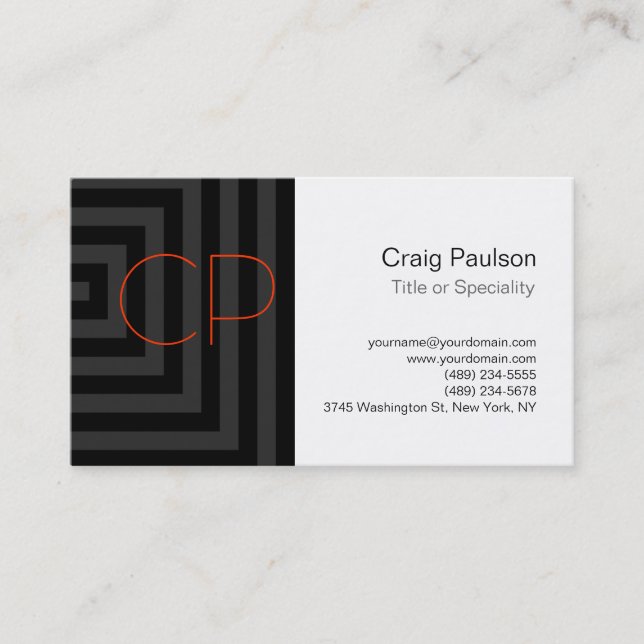 Grey Cubes Pattern Orange Monogram Business Card (Front)
