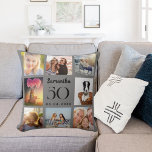 Grey custom photo collage birthday cushion<br><div class="desc">A unique gift for a 50th (or any age) birthday,  celebrating her life with a collage of 8 of your own photos,  pictures.  Personalise and add her name,  age and date. Grey background colour.   The name is written with a modern hand lettered style script.</div>