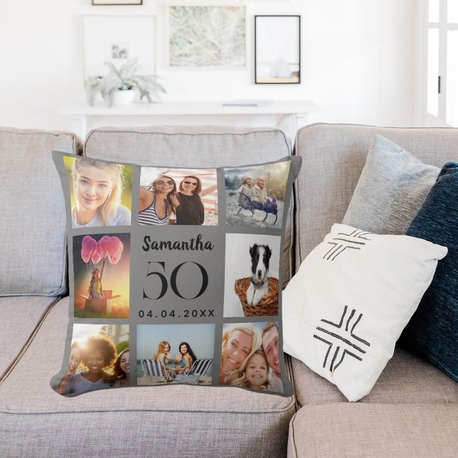 Grey custom photo collage birthday cushion (Creator Uploaded)