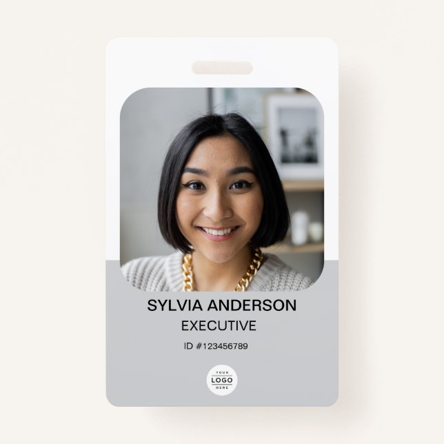 Grey Custom Photo Employee ID Logo QR Code ID Badge (Front)