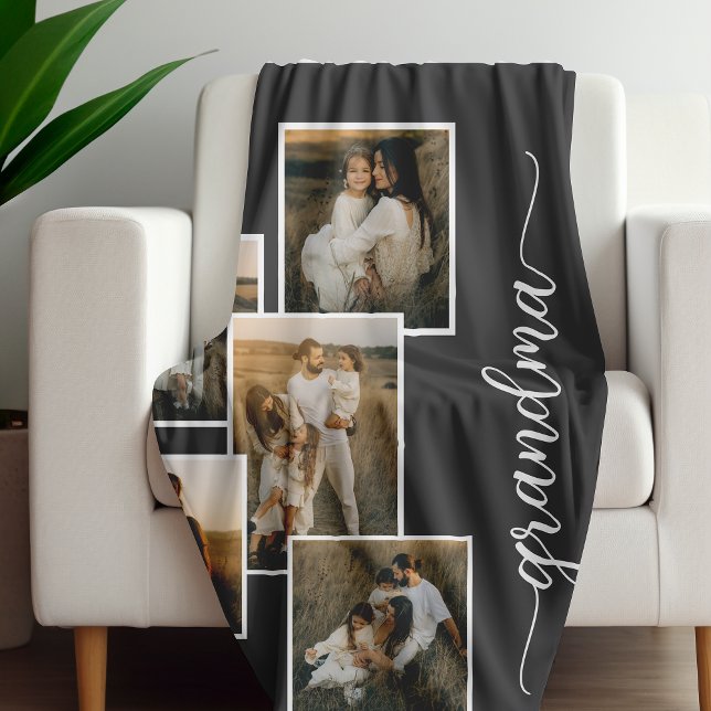 Grey Customised Grandma Grandkid 5 Photo Collage  Fleece Blanket (Creator Uploaded)