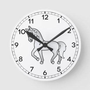 Grey Cute Cartoon Trotting Horse Illustration Round Clock