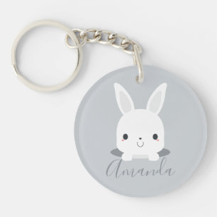 Grey Cute Little Bunny Rabbit with Custom Name Key Ring