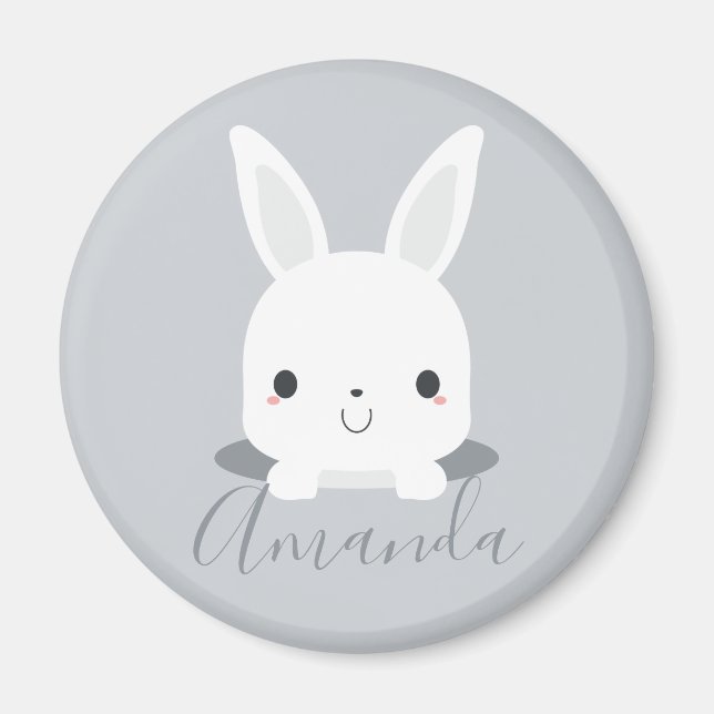 Grey Cute Little Bunny Rabbit with Custom Name Magnet (Front)