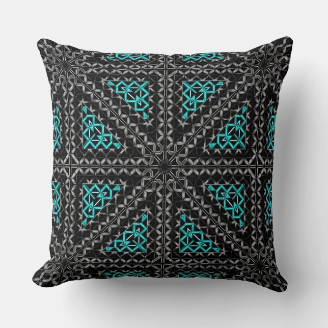 Grey cyan gradient relief in kaleidoscope triangle cushion (Front)