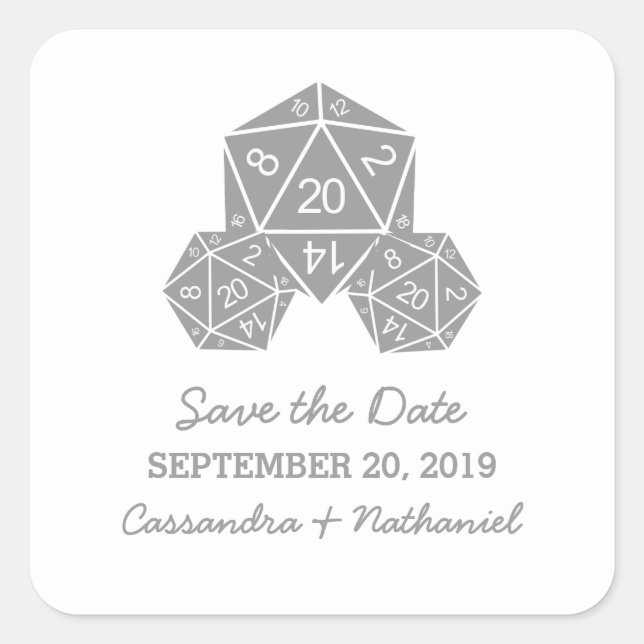 Grey D20 Dice Save the Date Stickers (Front)