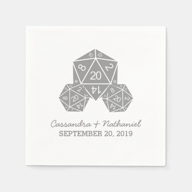 Grey D20 Dice Wedding Paper Napkins (Front)