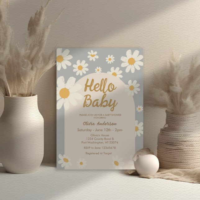 Grey Daisy Hello Baby Retro Boho Baby Shower  Invitation (Creator Uploaded)