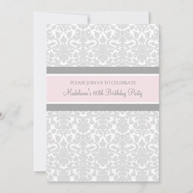 Grey Damask 80th Birthday Party Invitations (Front)