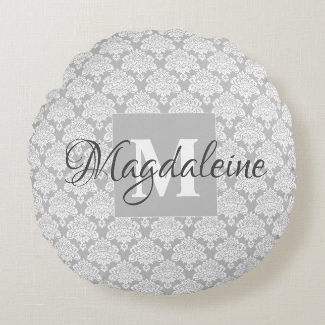Grey Damask Accent Pillow w/ Monogram & Name (Front)
