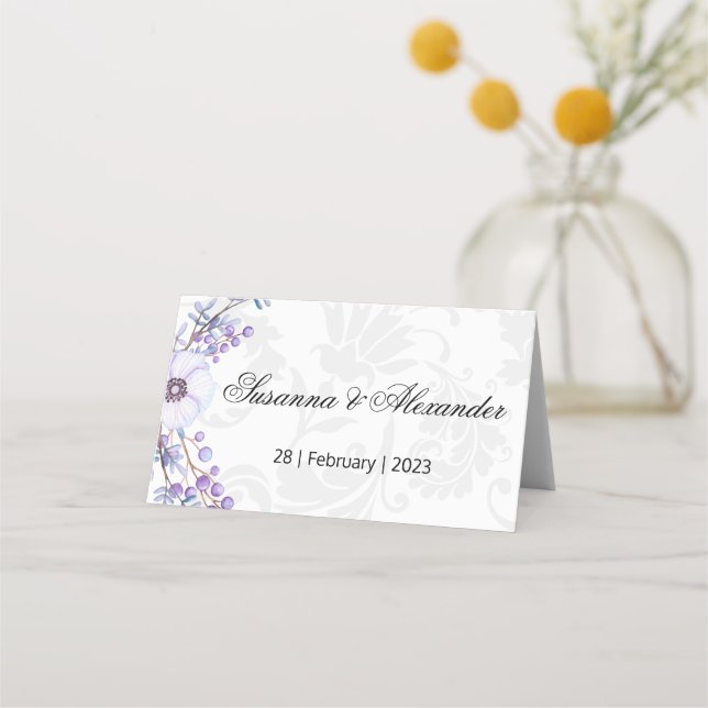 Grey Damask and Purple Berry Wedding Place Card (Front)