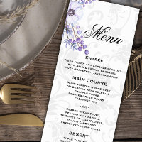 Grey Damask and Purple Floral Wedding Menu
