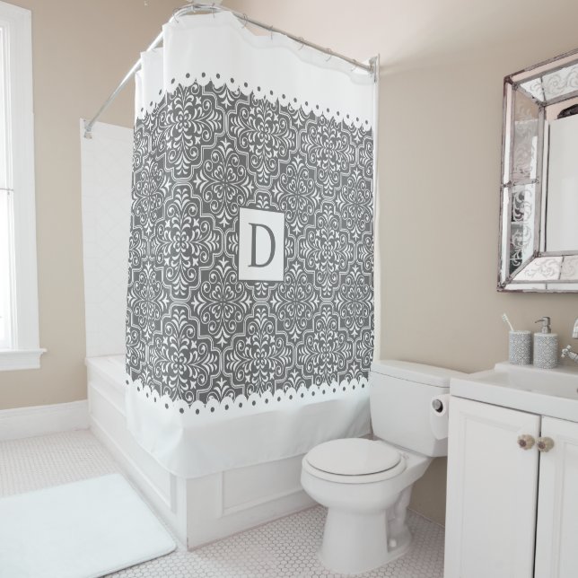 Grey damask and white scalloped borders monogram shower curtain (In Situ)