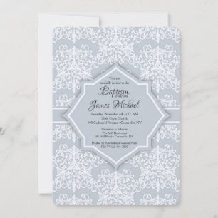 Grey Damask Baptism Invitation