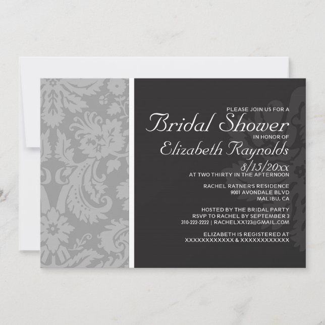 Grey Damask Bridal Shower Invitations (Front)
