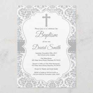 Grey Damask Cross Baptism Invitation