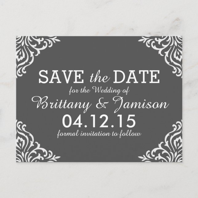 Grey Damask Elegant Save the Date Postcard (Front)