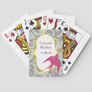 Grey Damask Fuchsia Sparrow Wedding Playing Card