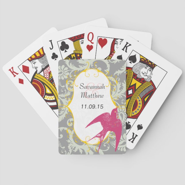 Grey Damask Fuchsia Sparrow  Wedding Playing Card (Back)