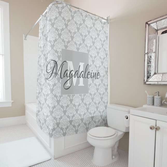 Grey Damask Monogrammed Shower Curtain (In Situ)