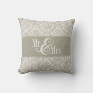 Grey Damask "Mr & Mrs" pillow, personalised Cushion