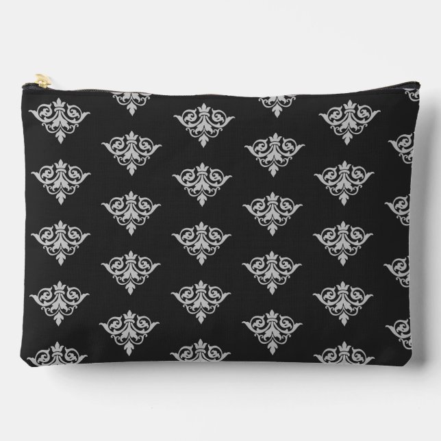 Grey damask on black accessory pouch (Front)