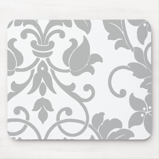 Grey Damask on White Mouse Pad (Front)