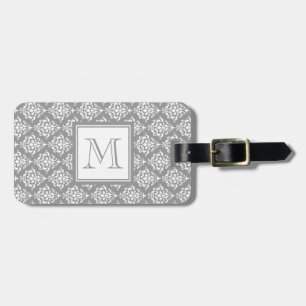 Grey Damask Pattern 1 with Monogram Luggage Tag