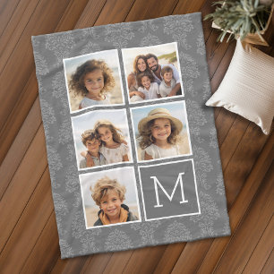 Grey Damask Pattern 5 Photo Collage Monogram Fleece Blanket