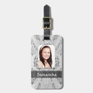 Grey damask personalised photo border luggage tag