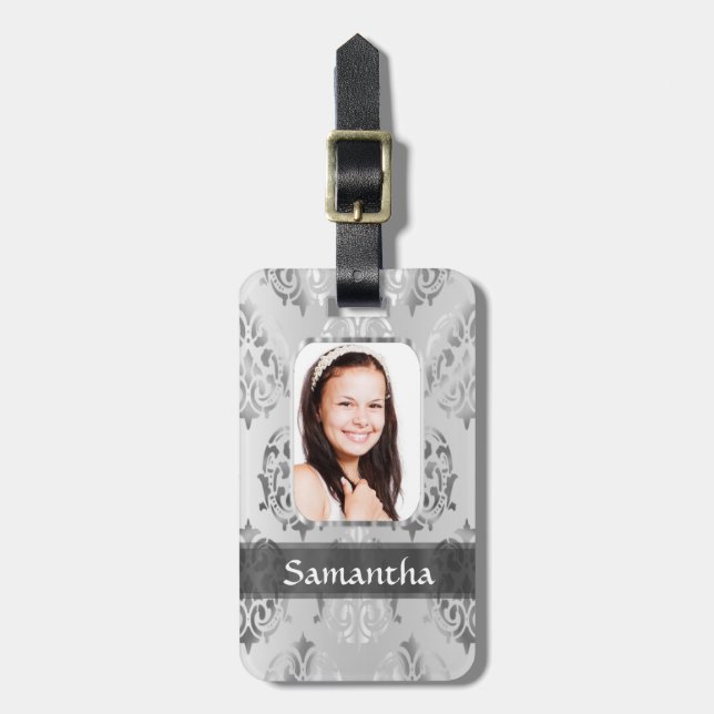 Grey damask personalised photo border luggage tag (Front Vertical)