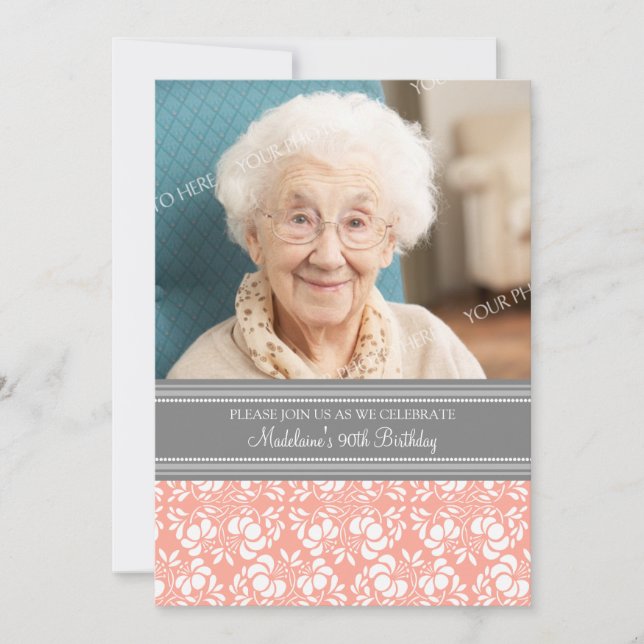 Grey Damask Photo 90th Birthday Party Invitations (Front)