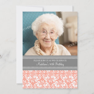 Grey Damask Photo 90th Birthday Party Invitations