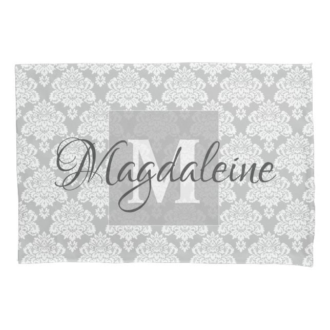 Grey Damask Pillow Case with Monogram & Name (Front)