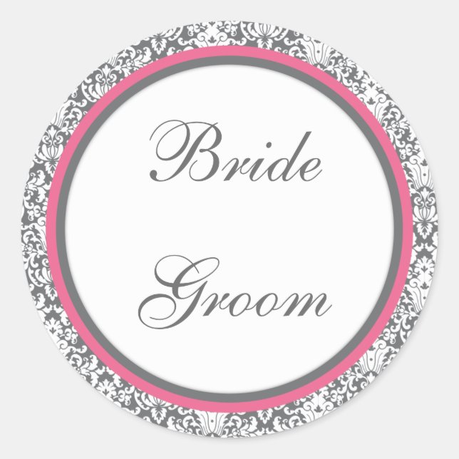 Grey Damask (Pink) Wedding Sticker (Front)